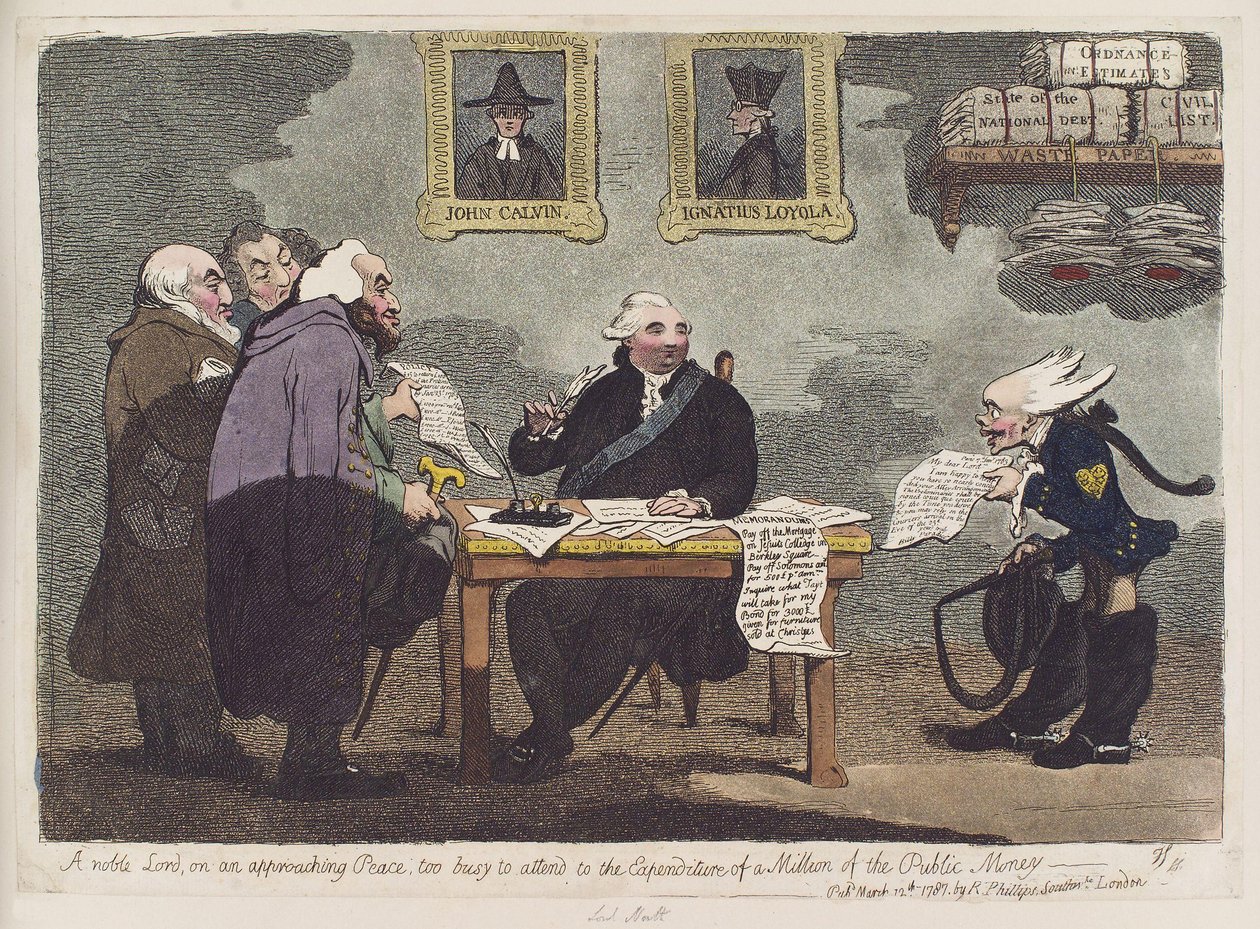 詹姆斯-吉尔雷（James Gillray）：一位贵族老爷，因和平临近而无暇顾及一百万公款的支出 作者 詹姆斯·吉里