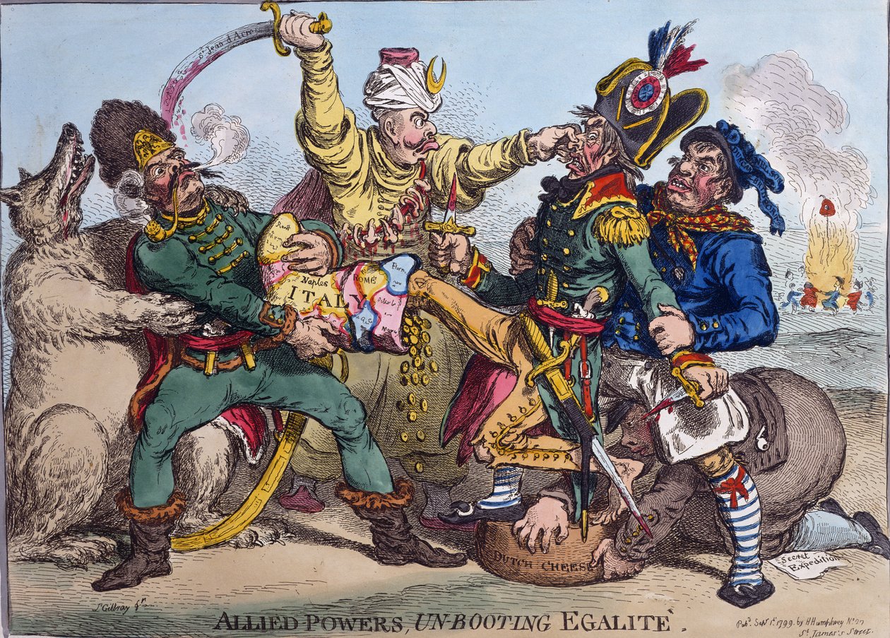 Allied Powers Un-Booting Egalite，由Hannah Humphrey于1799年出版（手工蚀刻） 作者 詹姆斯·吉里