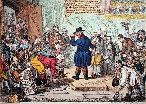 一个英国老绅士被想要位置的仆人纠缠，由汉娜-汉弗莱于1809年出版（手绘蚀刻画）。 作者 詹姆斯·吉里