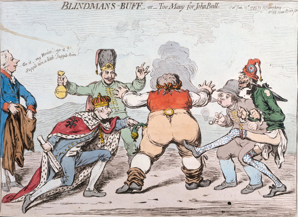 1755年Hannah Humphrey出版的Blindman&39;s Buff，或约翰·布尔的太多（手工蚀刻） 作者 詹姆斯·吉里