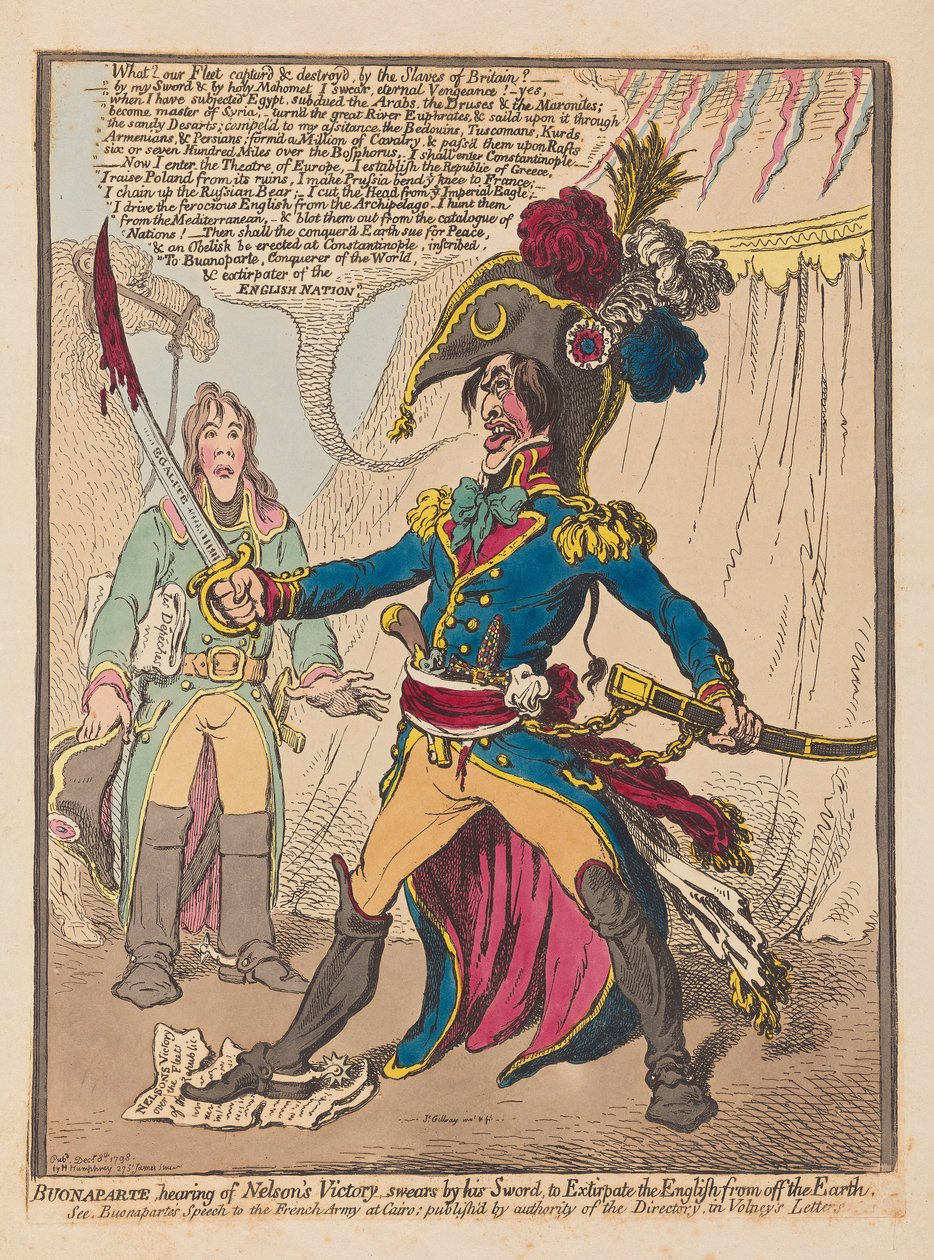 波拿巴听到Nelsons Victory的声音，他用他的剑从地球上消灭了英语，酒吧。 1798年（手工雕刻） 作者 詹姆斯·吉里