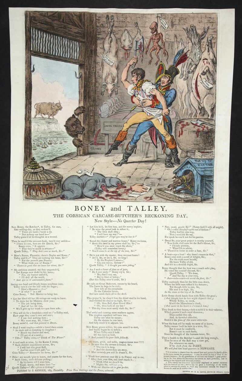Boney and Talley，Corsican Carcase-Butchers Reckoning Day  -  No Quarter Day！，pb。 1803（手工彩色雕刻） 作者 詹姆斯·吉里