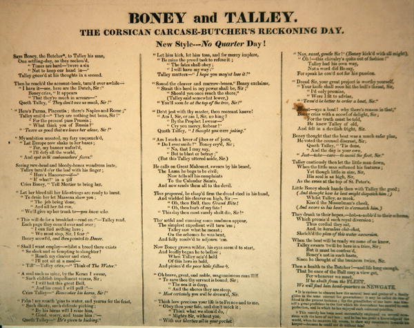 Boney and Talley，The Corsican Carcase  -  Butchers Reckoning Day，由Hannah Humphrey出版，1803年（民谣文本随附253713） 作者 詹姆斯·吉里