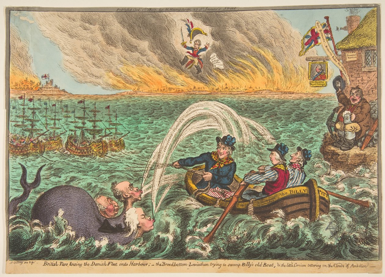 英国焦油将丹麦舰队拖入海港，宽阔的Leviathan船厂，1807年10月1日。 作者 詹姆斯·吉里