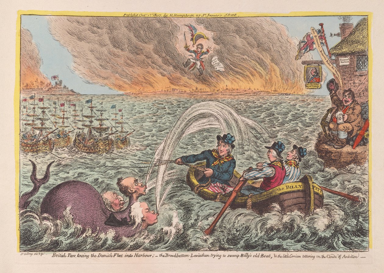 英国Tars将丹麦舰队拖入港口：Borad底部Leviathan试图淹没比利斯的旧船，以及小小的科西嘉人在野心云上摇摇欲坠的酒吧。 1807（手工彩色雕刻 作者 詹姆斯·吉里