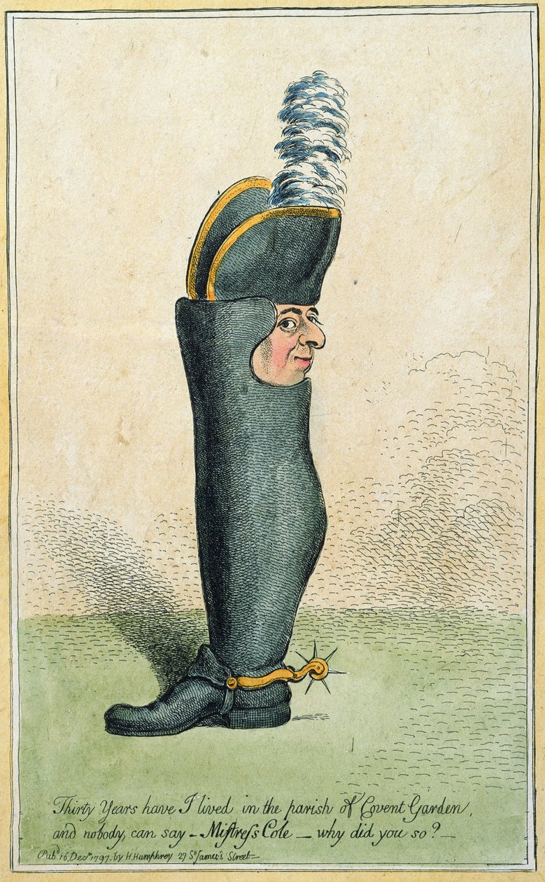 卡通描绘了Justly Watson上校与靴子的身体，由Hannah Humphrey于1797年出版（手工蚀刻） 作者 詹姆斯·吉里