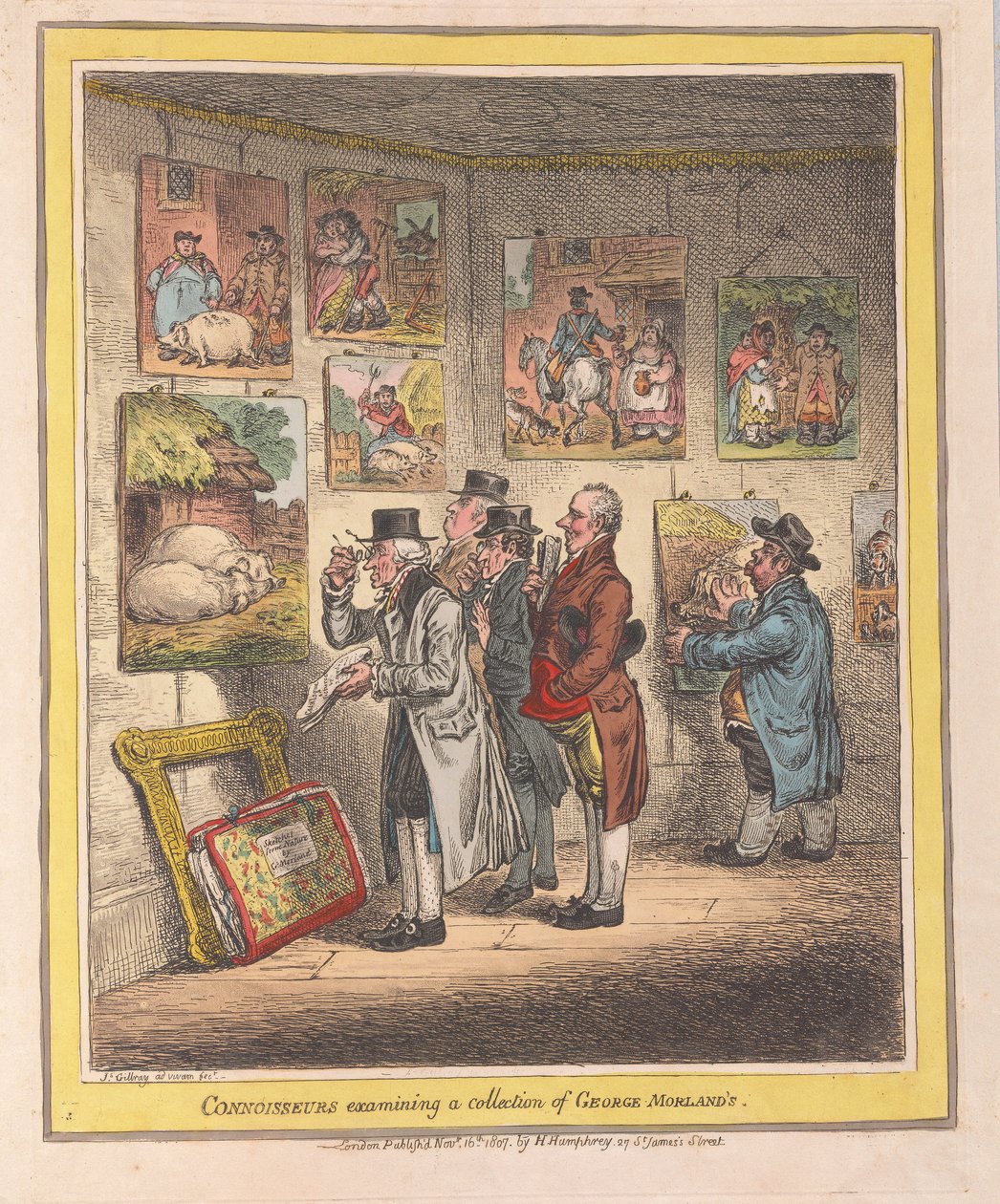 鉴赏家正在检查一下George Morlands，pub。 1807（手工彩色雕刻） 作者 詹姆斯·吉里