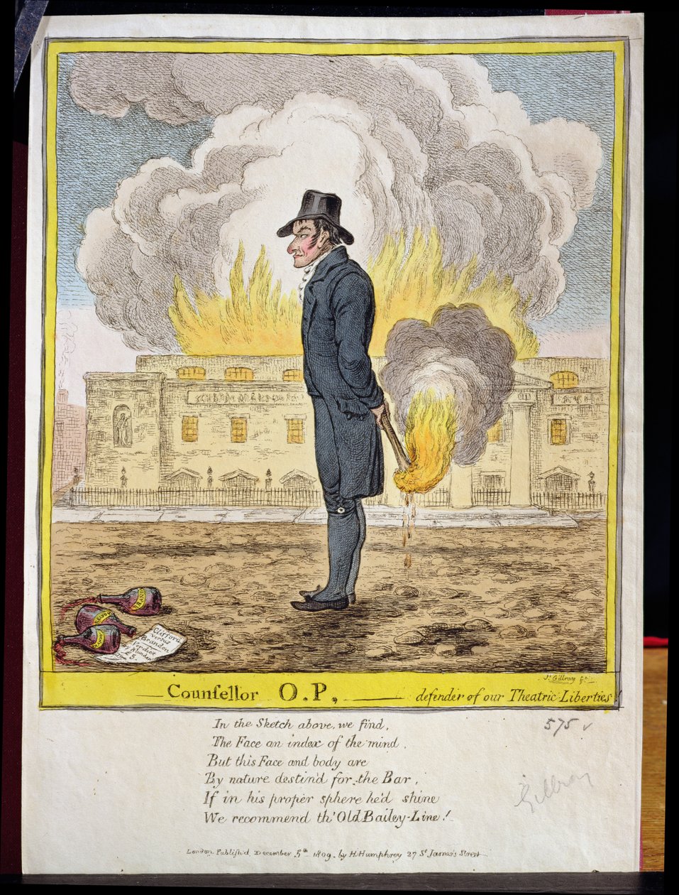 参赞OP，我们Theatric Liberties的捍卫者，展示了Covent Garden Theatre酒吧的烧毁。作者：Hannah Humphrey，1809年 作者 詹姆斯·吉里