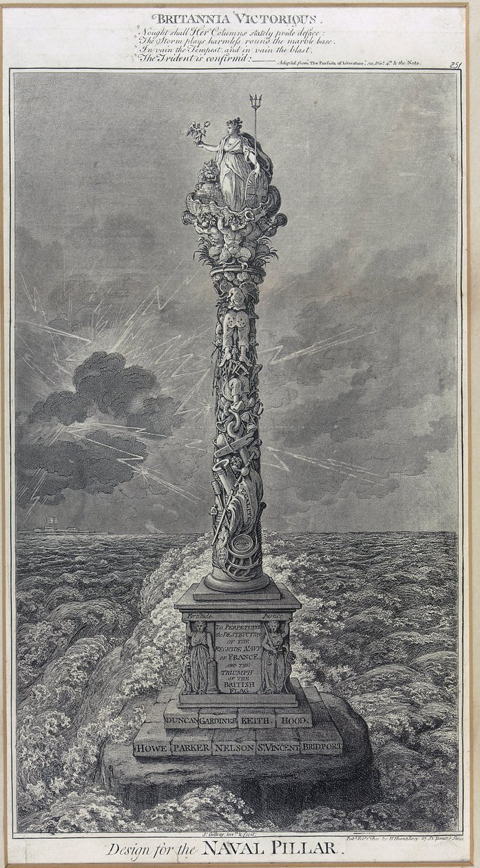 詹姆斯-吉尔雷（James Gillray，1757-1815 年）1800 年的蚀刻版画《胜利的不列颠尼亚》海军纪念柱设计图。 作者 詹姆斯·吉里