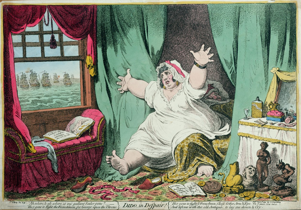 绝望中的Dido，由Hannah Humphrey出版，1801年（手工彩色雕刻） 作者 詹姆斯·吉里