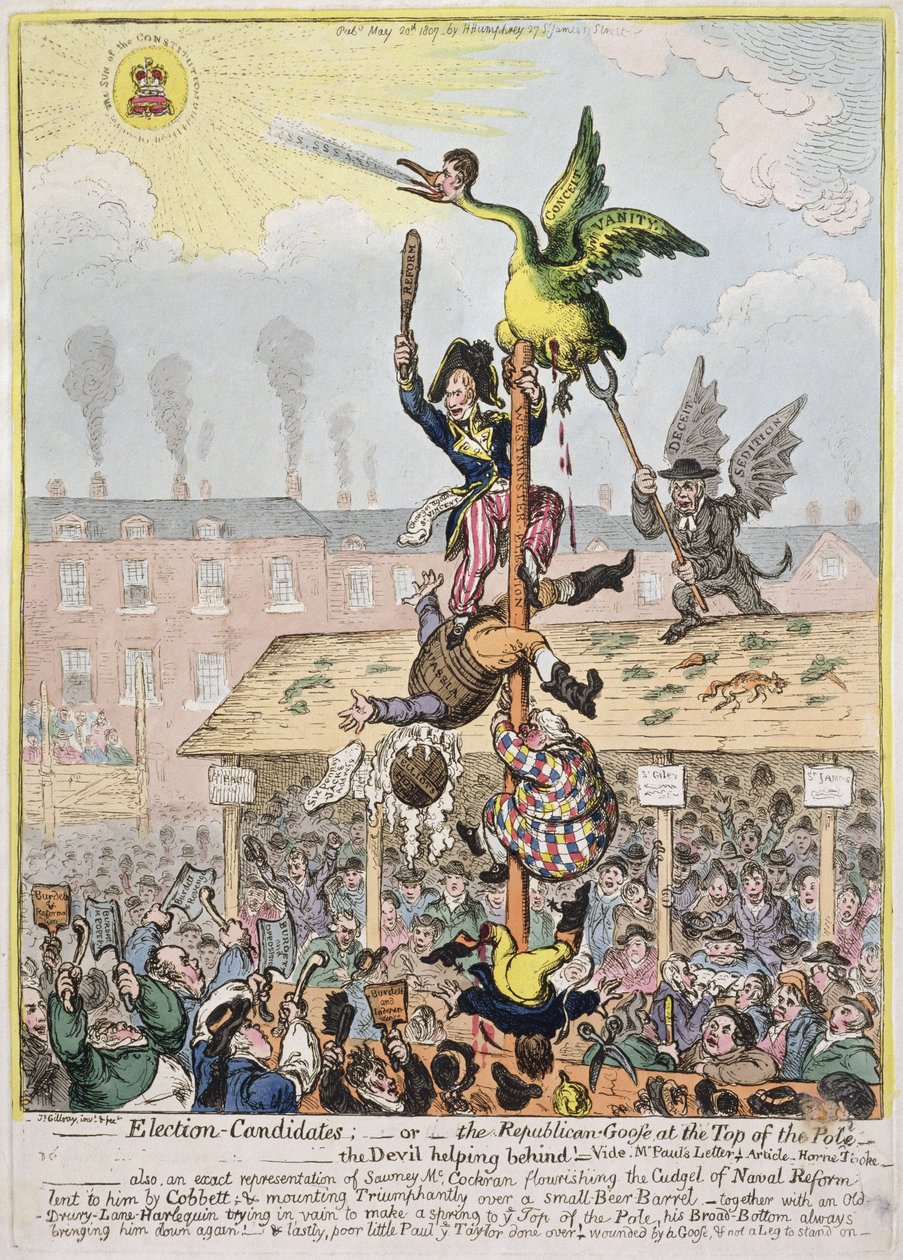 选举候选人，或杆顶的共和党鹅，由Hannah Humphrey于1807年出版（手工彩色蚀刻） 作者 詹姆斯·吉里
