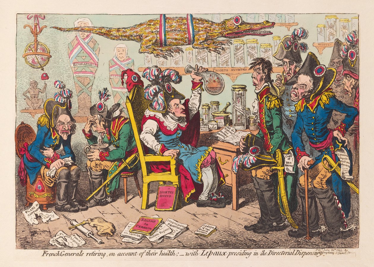 法国将军因健康状况退休： - 与Lepaux主持酒吧的Directorial Dispensary。 1799年（手工彩色雕刻） 作者 詹姆斯·吉里