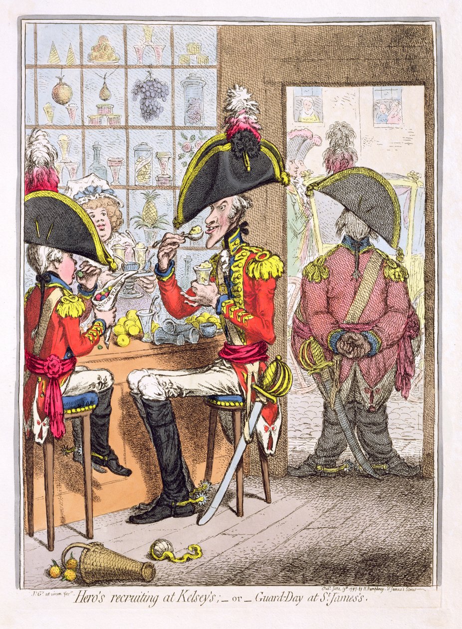“英雄在凯尔西的招募，或在圣詹姆斯的守卫日，酒吧。作者Hannah Humphrey，1797（彩色蚀刻） 作者 詹姆斯·吉里