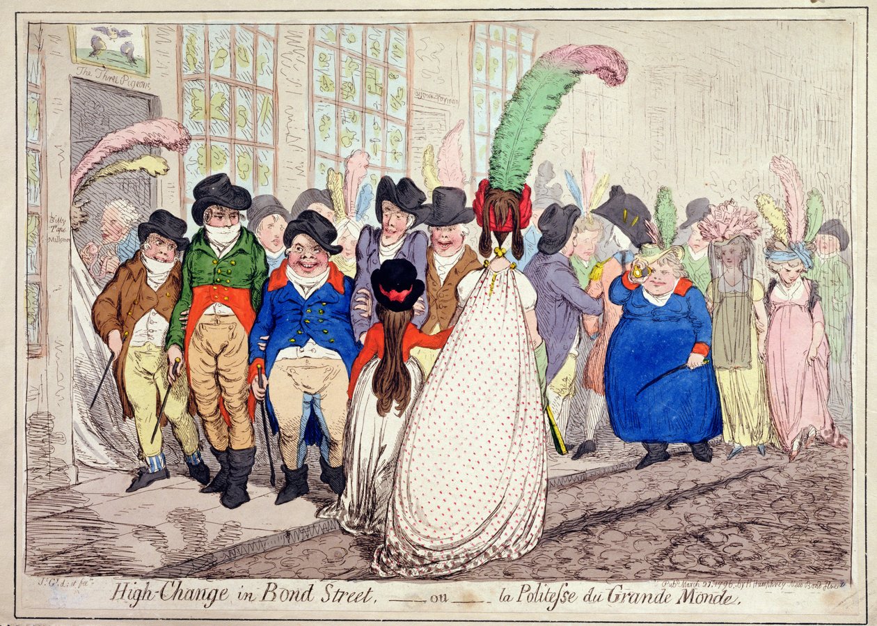 邦德街或La Politesse du Grande Monde的高变化，由Hannah Humphrey于1796年出版（手工蚀刻） 作者 詹姆斯·吉里
