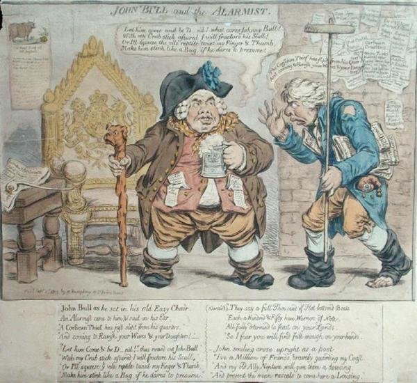 约翰-布尔和报警人》，汉娜-汉弗莱于1803年出版（手绘蚀刻版）。 作者 詹姆斯·吉里