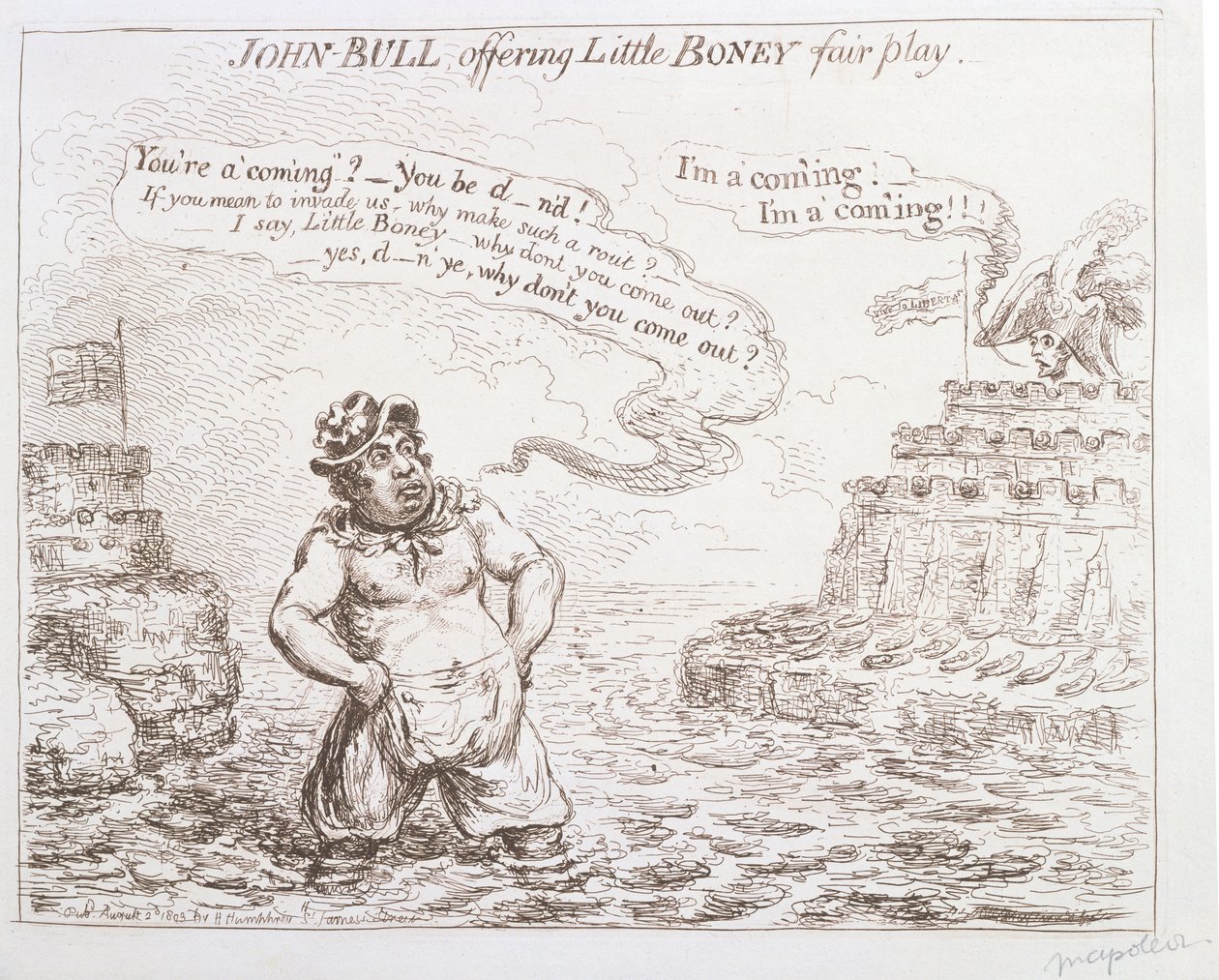 John Bull提供Little Boney公平竞赛，由Hannah Humphrey于1803年出版 作者 詹姆斯·吉里