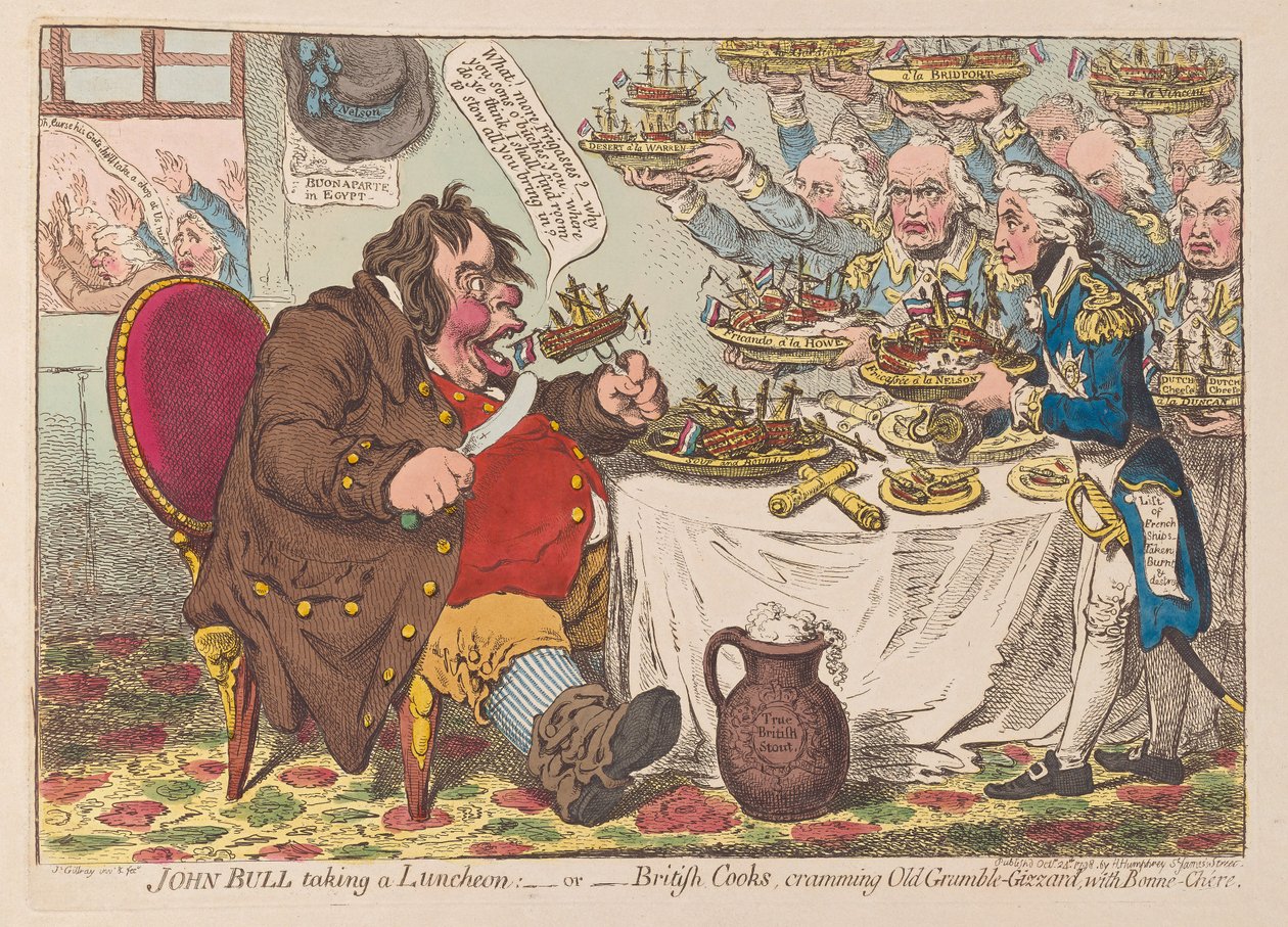 John Bull带着午餐或英国厨师用Bonne Chere，1798酒吧（手工彩色雕刻）填满Old Grumble Gizzard 作者 詹姆斯·吉里