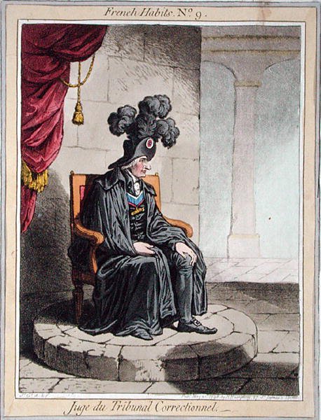 Juge du Tribunal Correctionnel，图版9，出自汉娜-汉弗莱1798年出版的《法国人的习惯》（彩色蚀刻画）。 作者 詹姆斯·吉里