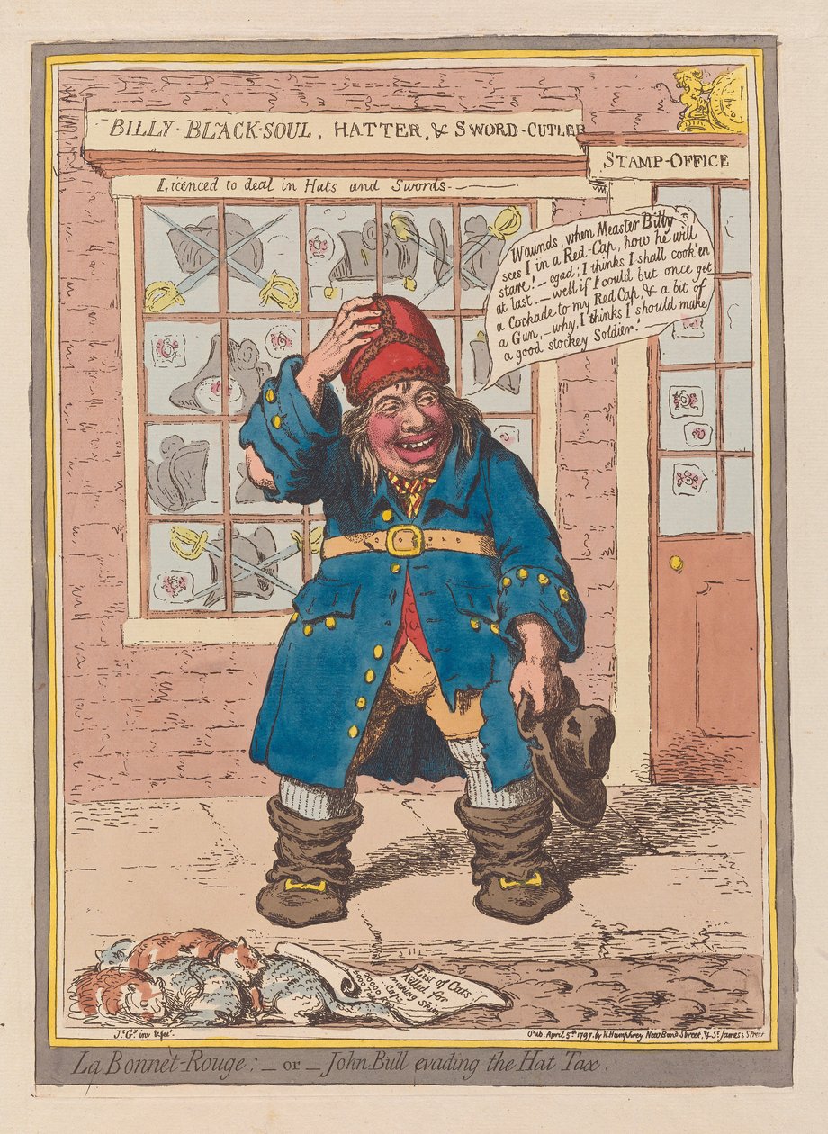 La Bonnet Rouge 或约翰牛逃避帽子税，酒吧。 1797（手工彩刻） 作者 詹姆斯·吉里