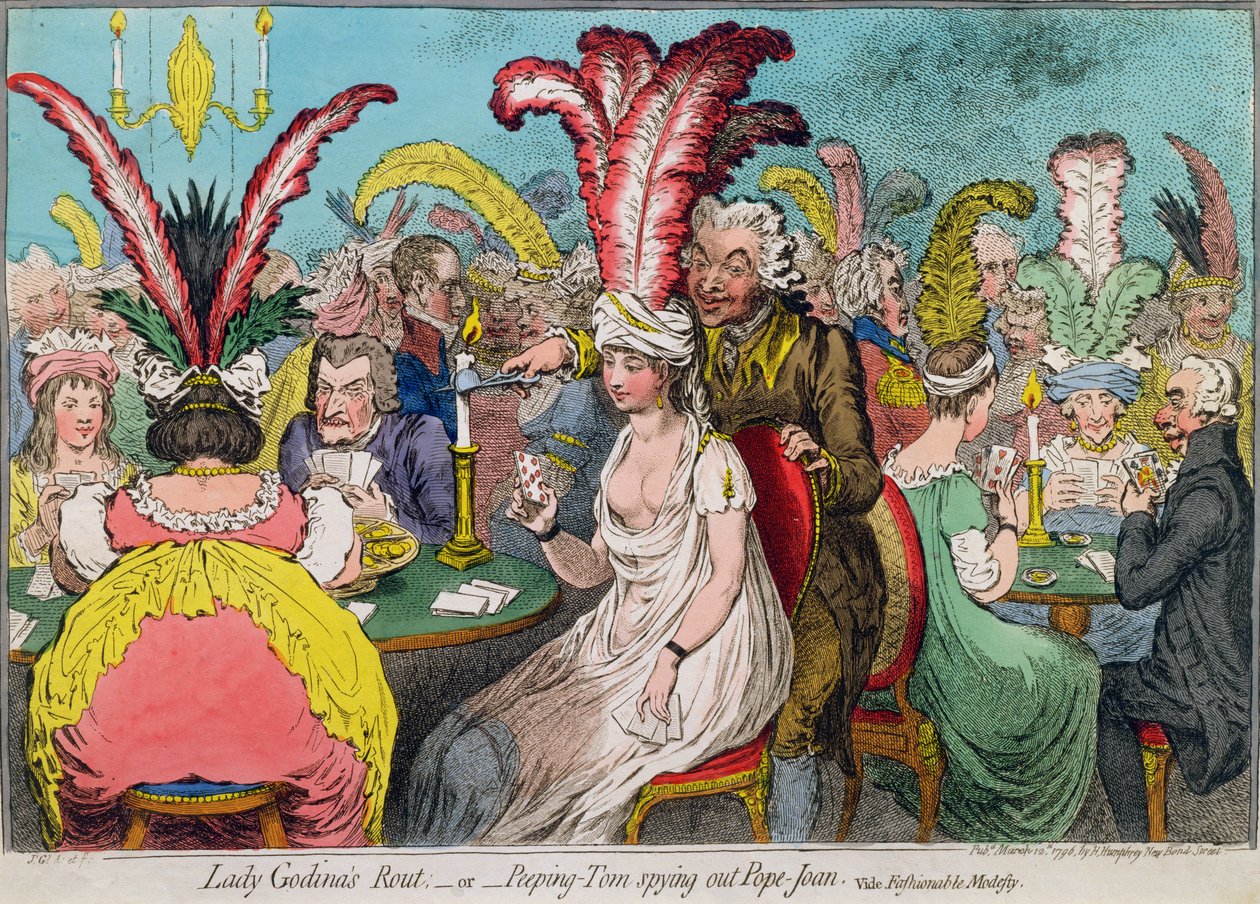 Lady Godiva&39;s Rout，或Peeping-Tom侦察Pope-Joan，由Hannah Humphrey于1796年出版（手工蚀刻） 作者 詹姆斯·吉里