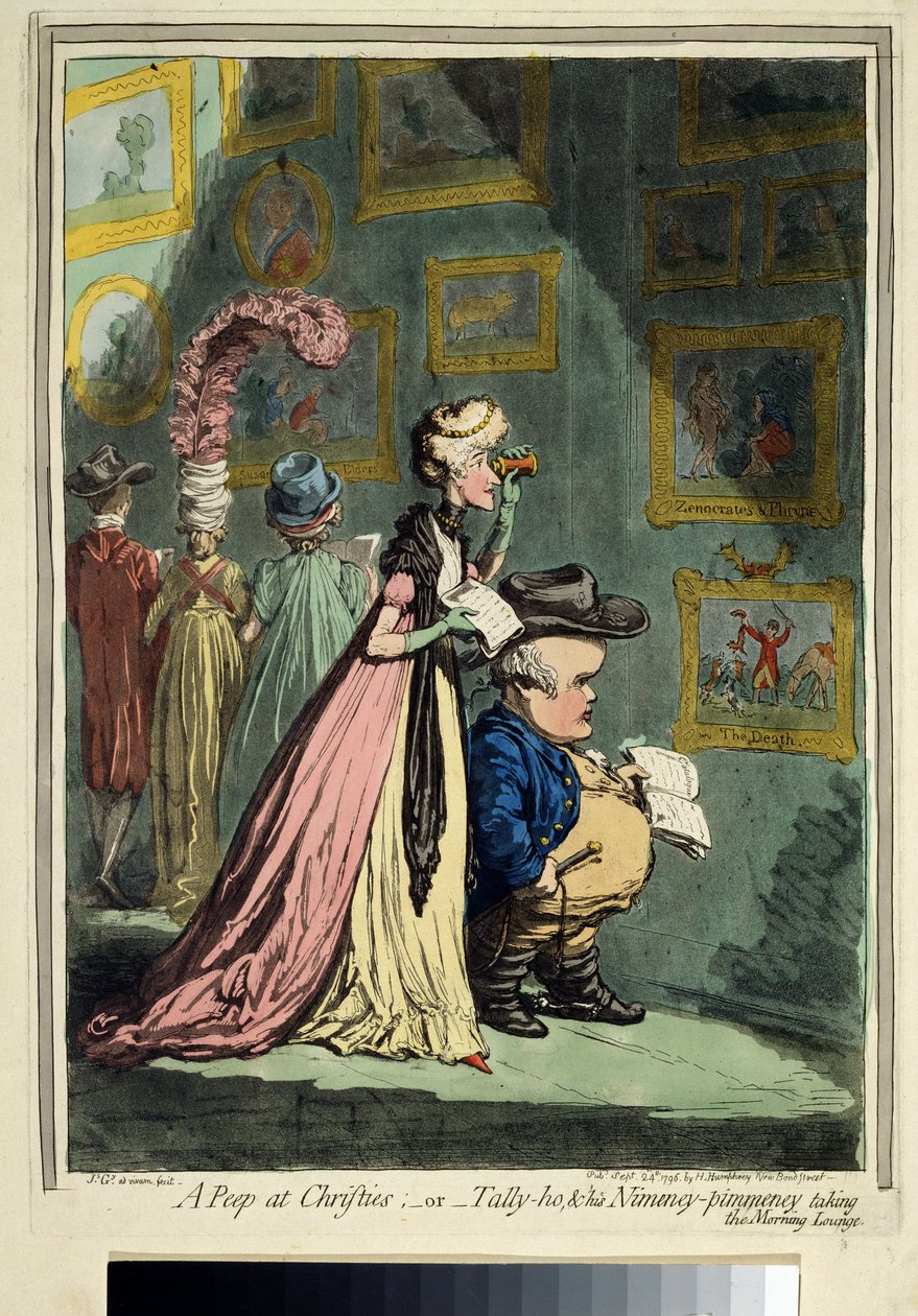 "窥视佳士得 "漫画描绘了英国女演员伊丽莎白-法伦（1759-1829 年）与她未来的丈夫爱德华-史密斯-斯坦利在最近开业的著名佳士得拍卖行中的情景。 作者 詹姆斯·吉里