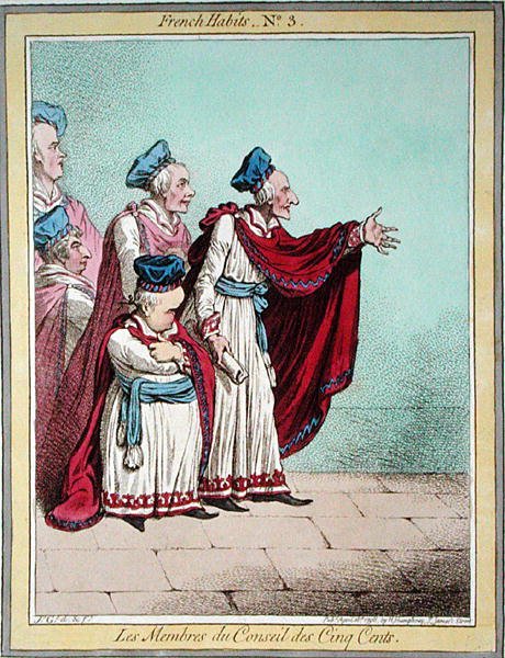 Les Membres du Conseil des Cinq Cents，《法国人的习惯》第3版，由汉娜-汉弗莱于1798年出版（彩色蚀刻画）。 作者 詹姆斯·吉里