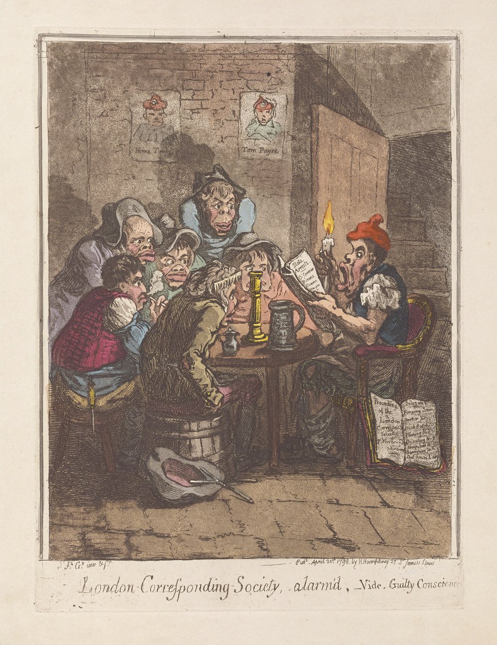 伦敦对应社会，闹钟，视频。 Guilty Consciences，pub。 1796年（手工彩色雕刻） 作者 詹姆斯·吉里