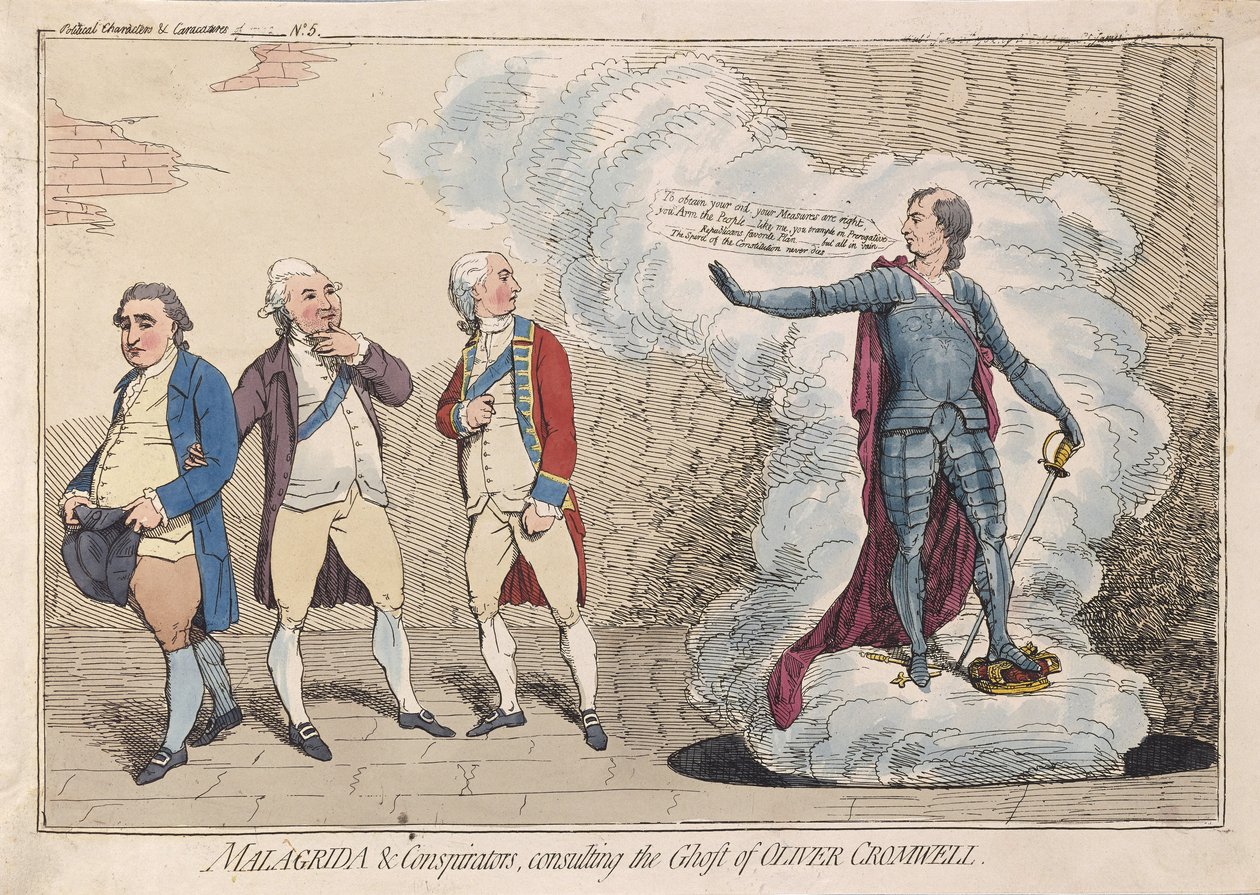 Malagrida＆Conspirators，咨询了Oliver Cromwell的Ghost酒吧。 1782年（手工彩色雕刻） 作者 詹姆斯·吉里