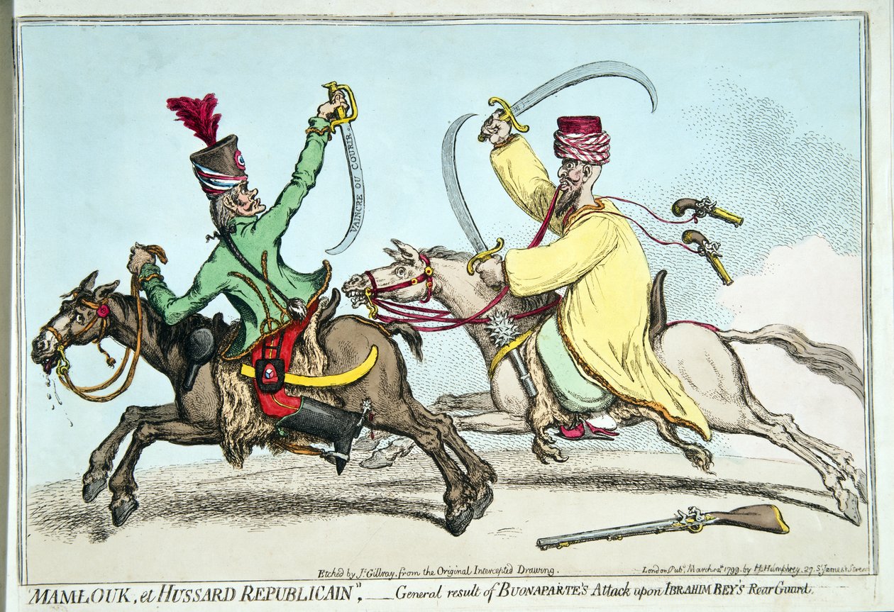 Mamlouk et Hussard Republicain，或者是Bonnaarte攻击Ibrahim Bey的后卫的一般结果，由Hannah Humphrey于1799年出版（手工蚀刻） 作者 詹姆斯·吉里