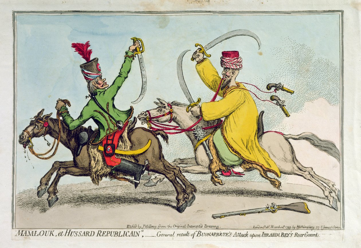 Mamlouk et Hussard Republicain，或波拿巴攻击Ibrahim Bey（1735-1817）后卫的一般结果，由Hannah Humphrey于1799年出版（手工蚀刻） 作者 詹姆斯·吉里