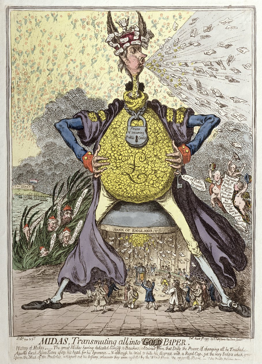Midas将全部转化为金纸，由Hannah Humphrey于1797年出版（手工蚀刻） 作者 詹姆斯·吉里