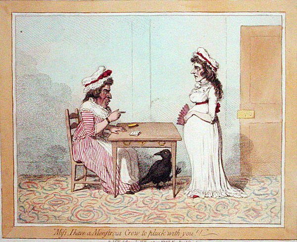 小姐，我有一只怪异的乌鸦要和你一起拔毛》，由汉娜-汉弗莱于1794年出版（手绘蚀刻画）。 作者 詹姆斯·吉里