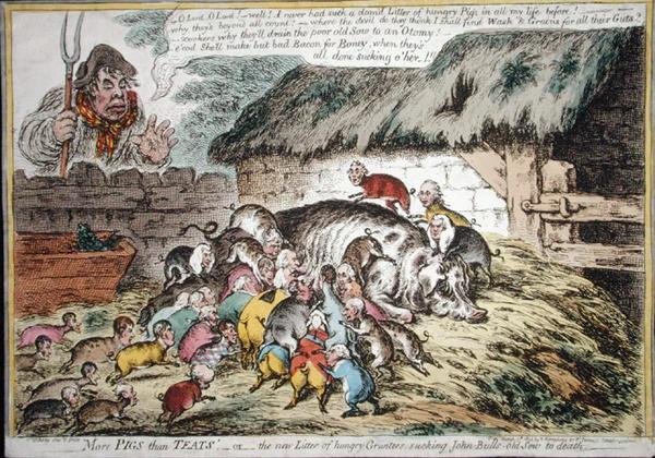 猪比乳头多》，汉娜-汉弗莱于1806年出版（手绘蚀刻版）。 作者 詹姆斯·吉里