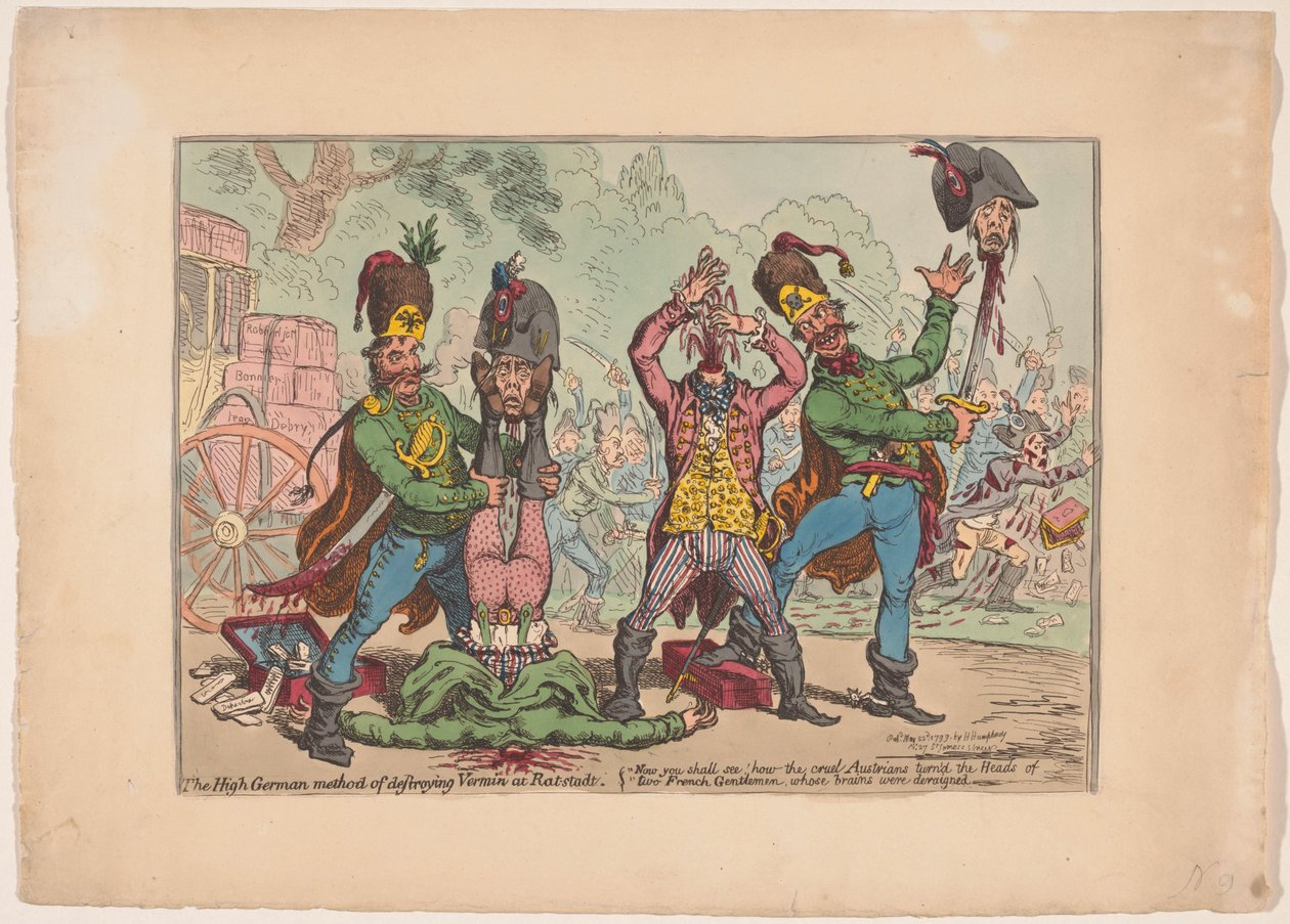 奥地利对待法国使节，1799 年
高等德国人在 Rat-stadt 消灭害虫的方法（标题见实物） 作者 詹姆斯·吉里