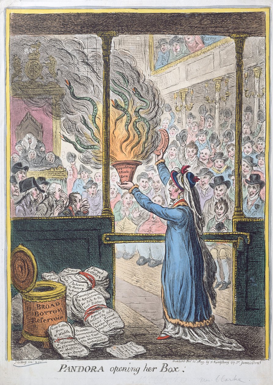 Pandora Opening her Box，由Hannah Humphrey出版，1809年（手工蚀刻） 作者 詹姆斯·吉里