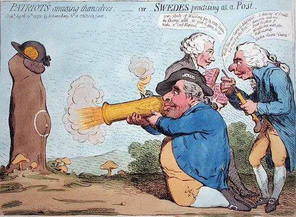 爱国者自娱自乐，或瑞典人在驿站练习，由汉娜-汉弗莱于1792年出版（手绘蚀刻画）。 作者 詹姆斯·吉里
