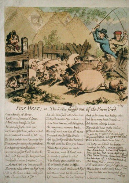 猪的肉，或被鞭打出农田的猪，由汉娜-汉弗莱于1798年出版（手绘蚀刻版）。 作者 詹姆斯·吉里