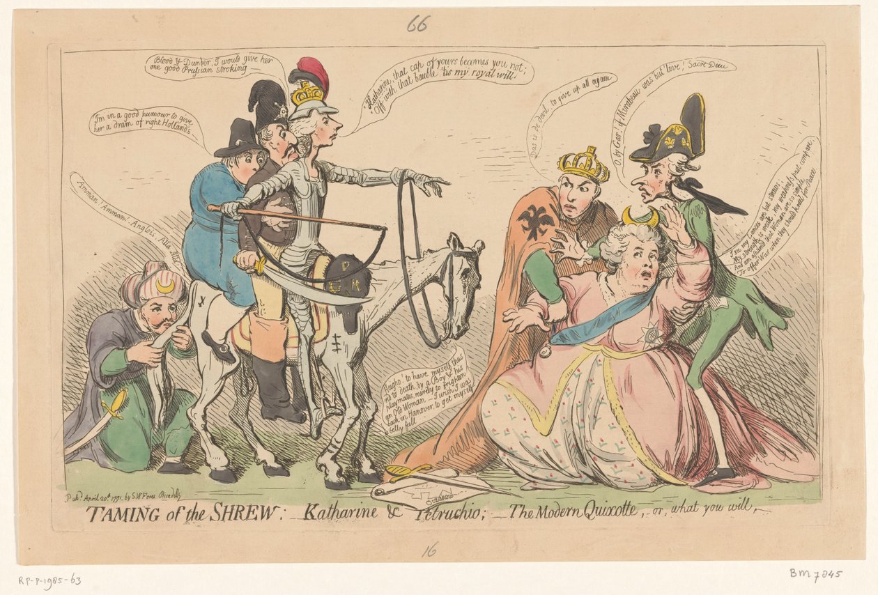 Pitt jaagt als Don Quichot Catharina de Grote schrik aan, 1791
驯悍记：--凯瑟琳与彼特鲁乔：--现代的吉诃德，或者你想要什么（标题见实物） 作者 詹姆斯·吉里
