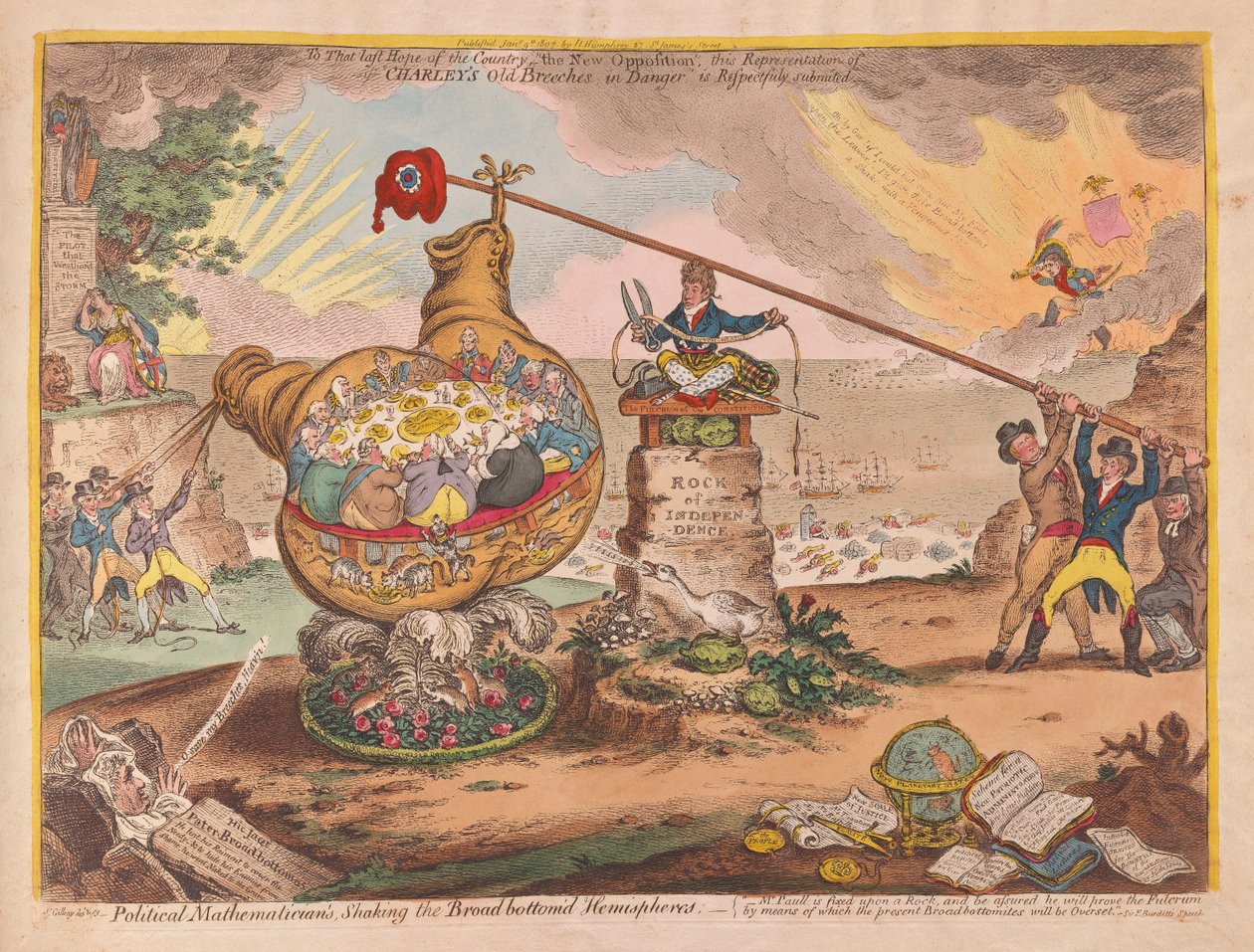 摇摆董事会的政治数学家见底半球，酒吧。 1807（手工彩色雕刻） 作者 詹姆斯·吉里