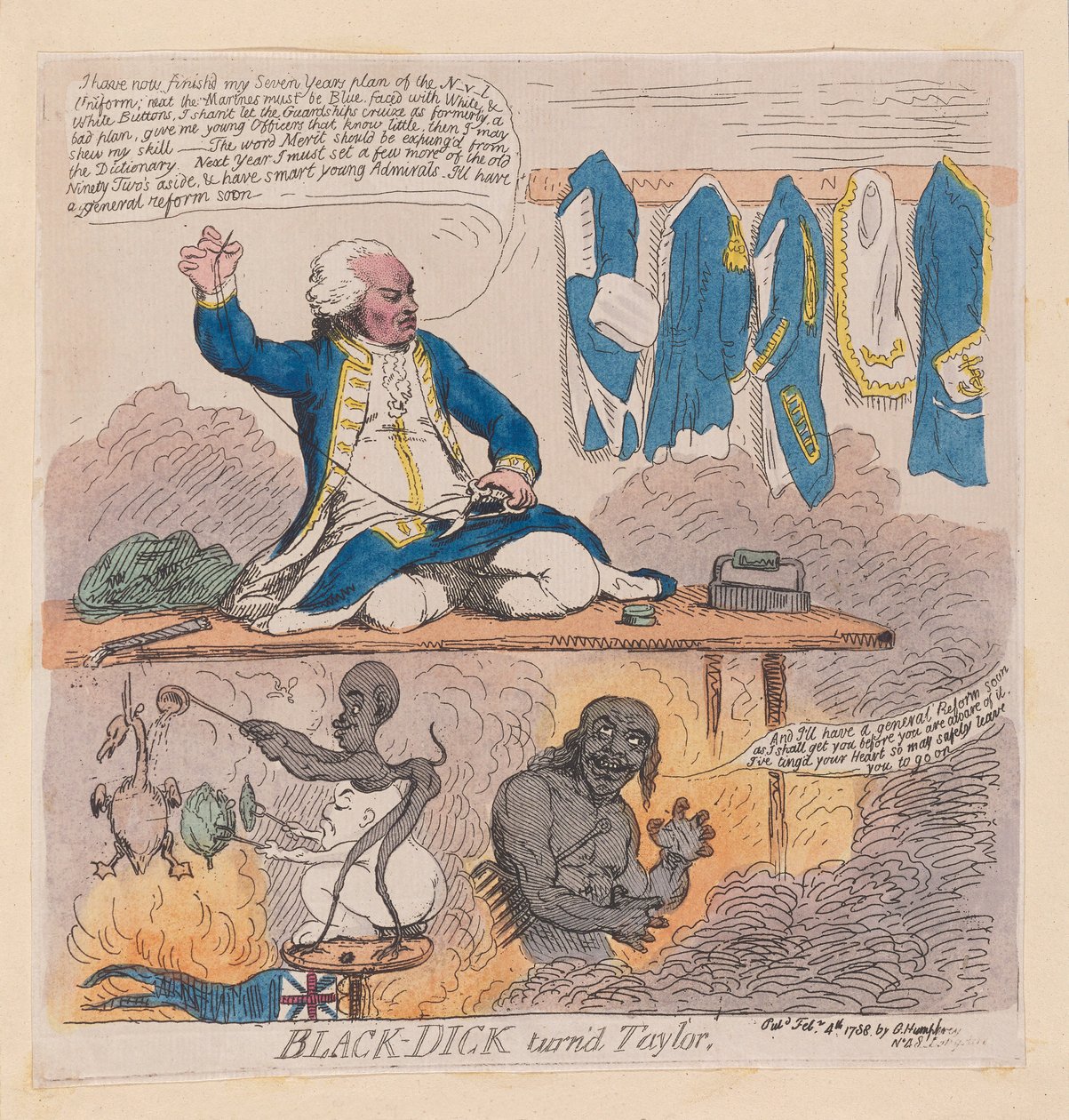 理查德豪，第一伯爵豪（Black-Dick turnd taylor），酒吧。 1788年（手工彩色雕刻） 作者 詹姆斯·吉里