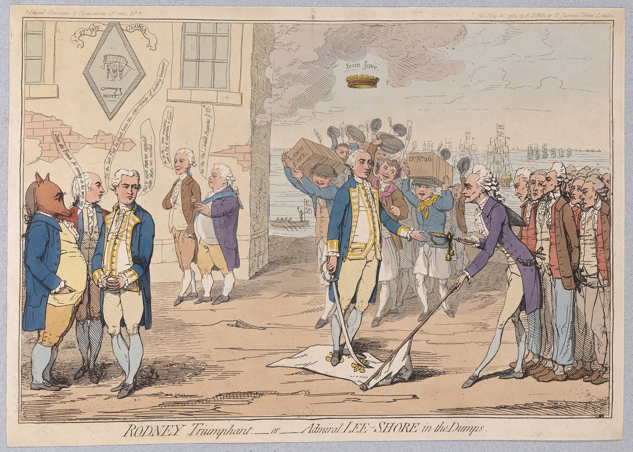 Rodney Triumphant或海军上将LeeShore在Dumps，1782酒吧（手工彩色雕刻） 作者 詹姆斯·吉里