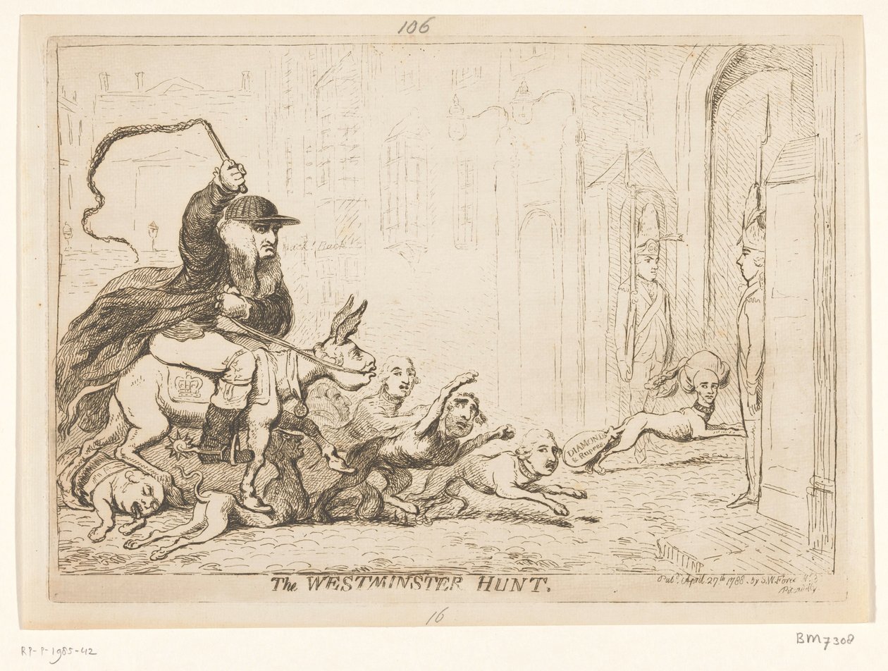 Spotprent op Warren Hastings，1788 年
威斯敏斯特狩猎（标题在实物上） 作者 詹姆斯·吉里