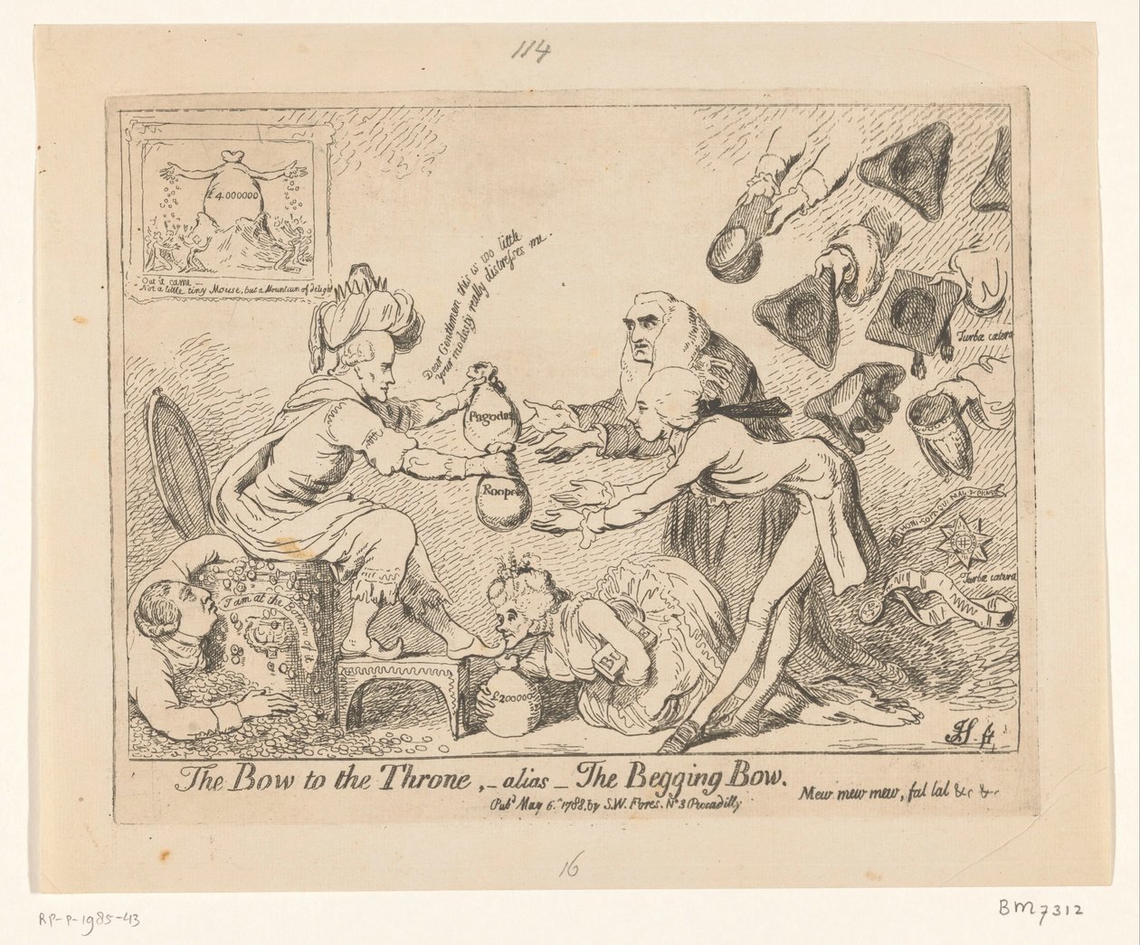 Spotprent op Warren Hastings，1788 年
向王位鞠躬，又名乞讨鞠躬 作者 詹姆斯·吉里