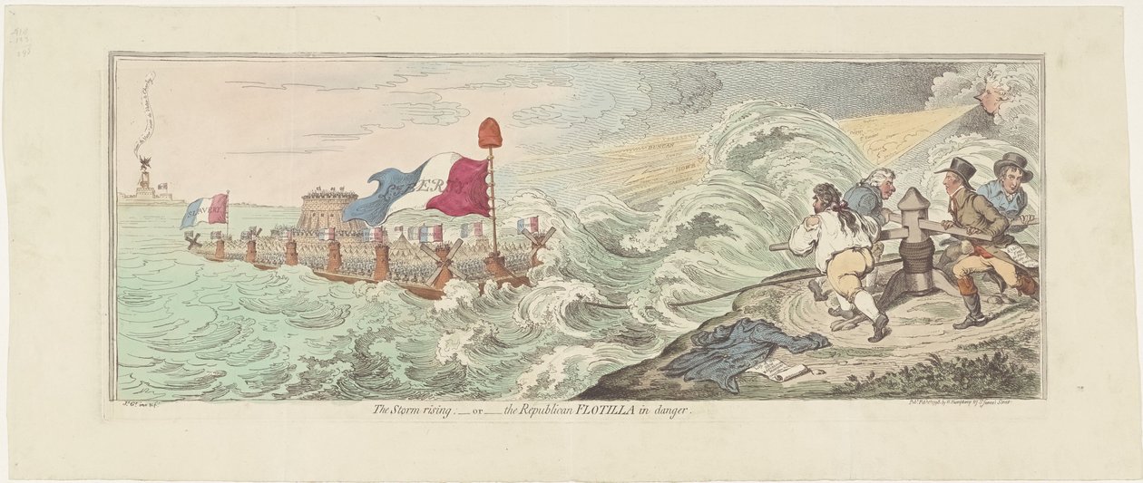 关于法国入侵英国计划的漫画，1798 年
风暴骤起--或--共和国船队面临危险（标题见实物） 作者 詹姆斯·吉里