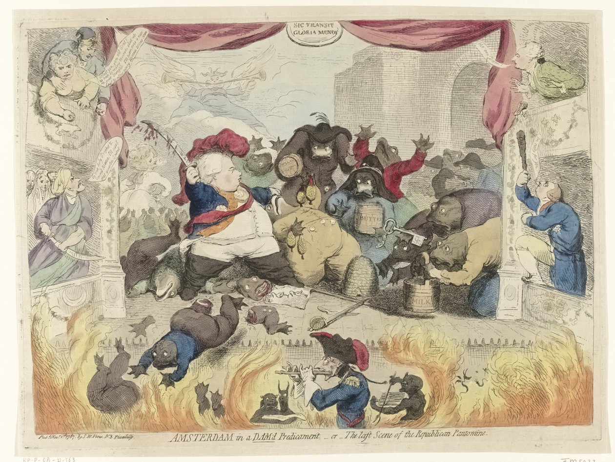 1787 年，关于市政官威廉五世复辟后爱国者恐慌的漫画
阿姆斯特丹处于水深火热之中，或--共和国哑剧的最后一幕（标题见实物） 作者 詹姆斯·吉里