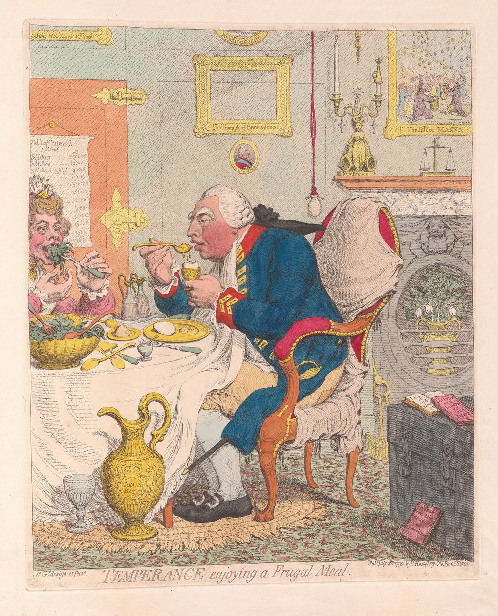 Temeprance享受节俭的餐，酒吧。 1792年（手工彩色雕刻） 作者 詹姆斯·吉里
