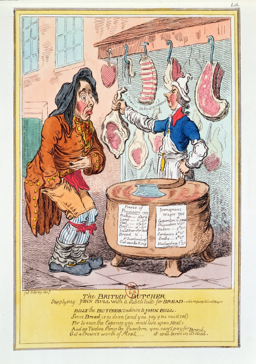 1795年，“英国屠夫为约翰·布尔提供了替代面包” 作者 詹姆斯·吉里