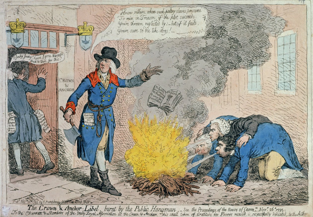 由汉娜·汉弗莱于1795年出版的公共刽子手烧毁了皇冠和碉堡（手工彩色蚀刻） 作者 詹姆斯·吉里