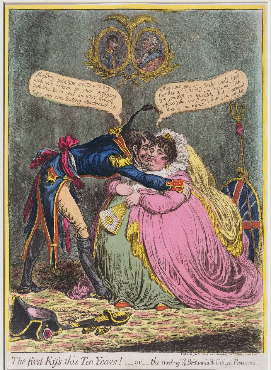十年来的初吻！或者是汉娜·汉弗莱（Hannah Humphrey）于1803年出版的Britannia und Citizen Francois会议（用aquatint手工着色蚀刻） 作者 詹姆斯·吉里