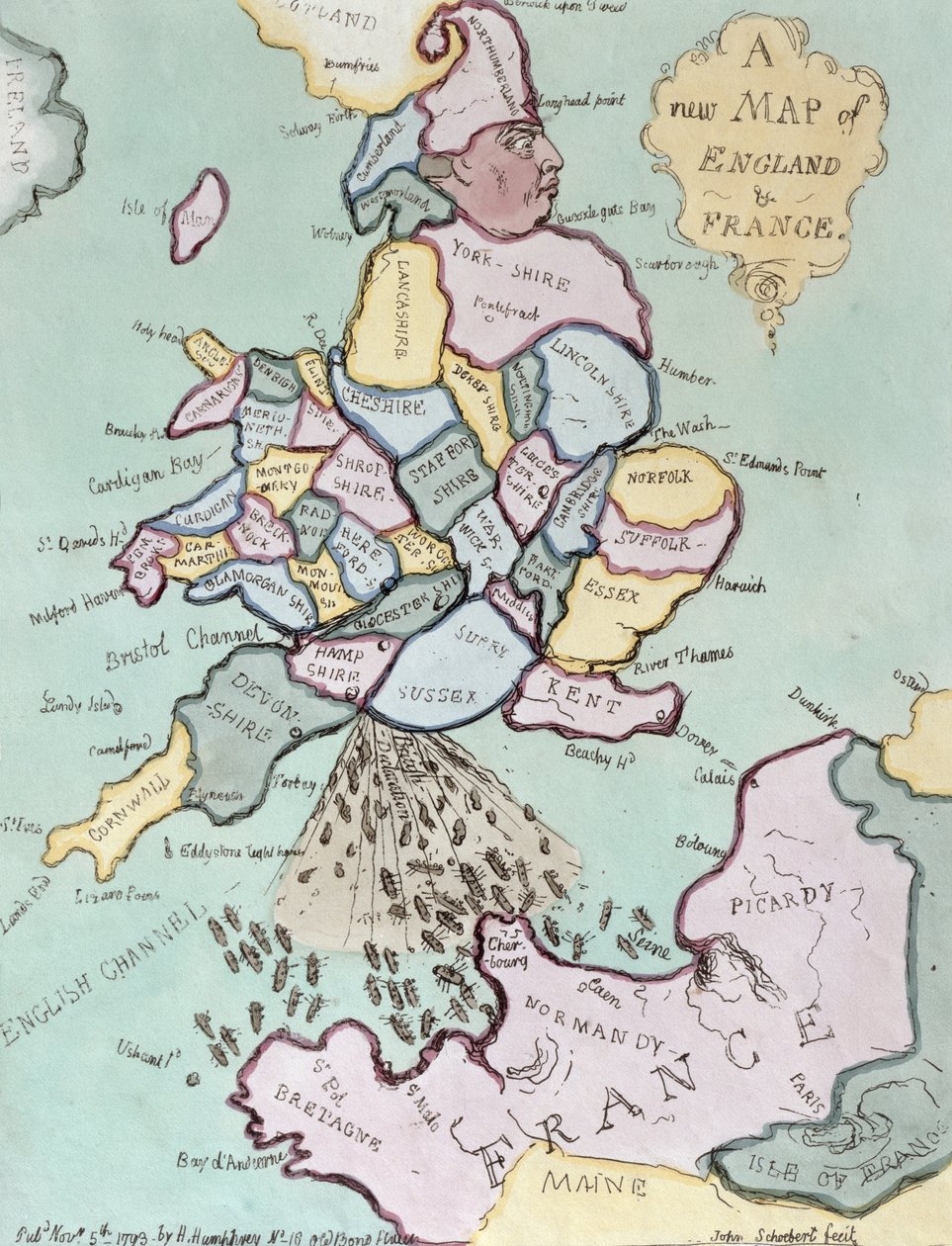1793年Hannah Humphrey出版的法国入侵，或约翰·布尔轰击笨蛋船（手工彩色蚀刻） 作者 詹姆斯·吉里